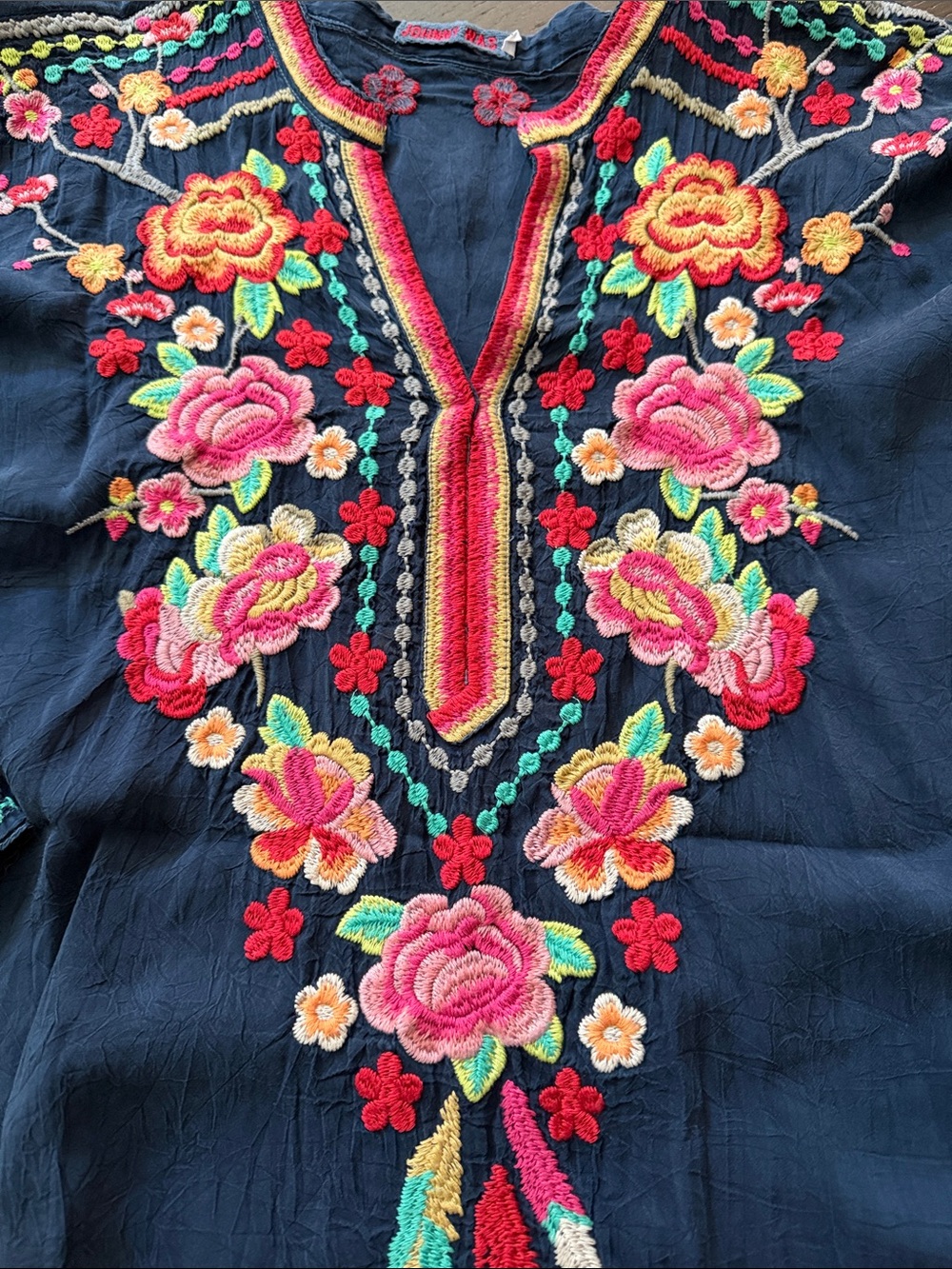 Johnny Was Navy Embroidered Floral V-Neck Tunic
